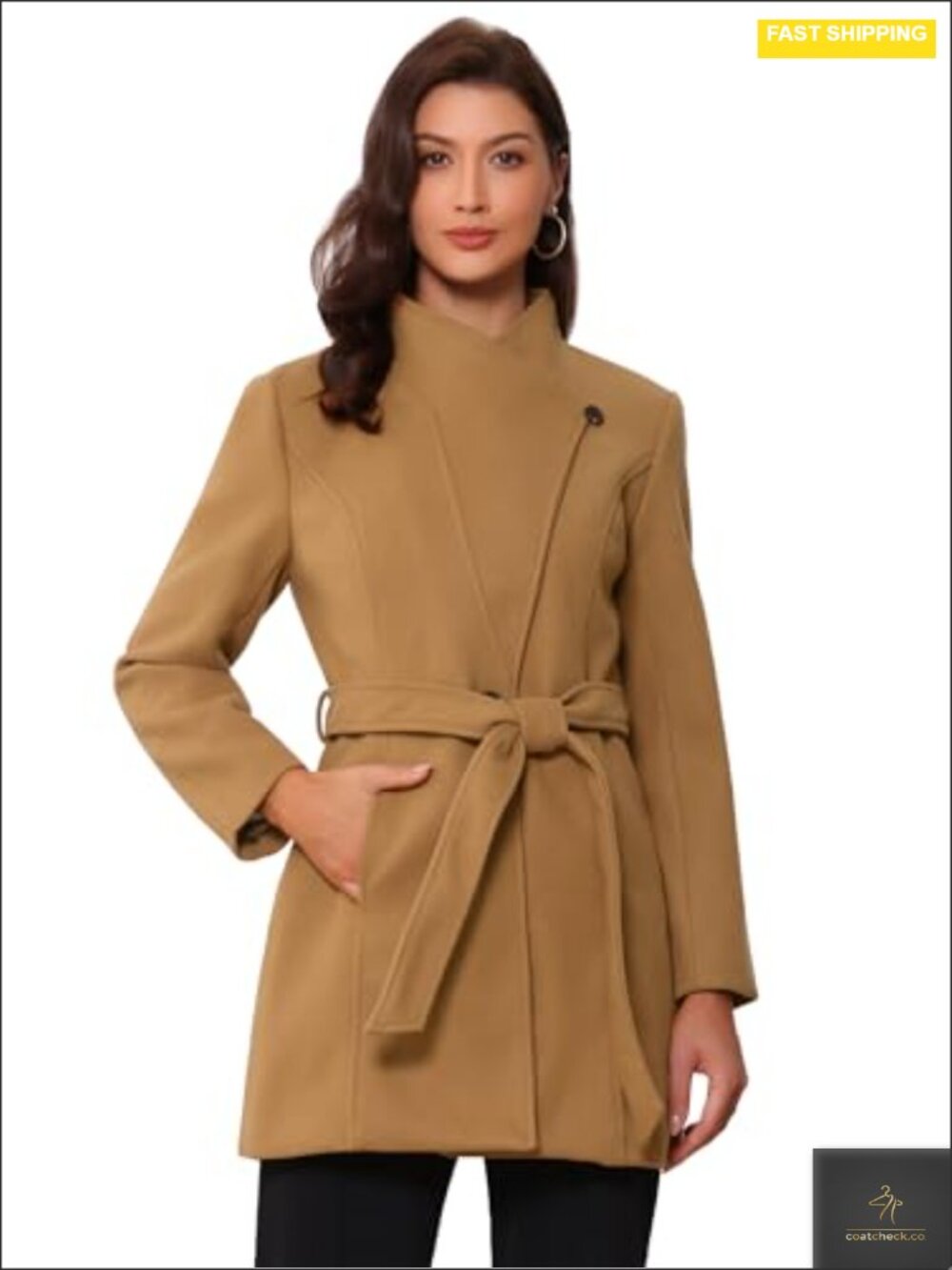 Womens Wool Pea Coat Long Belted Winter Overcoat with Detachable Belt